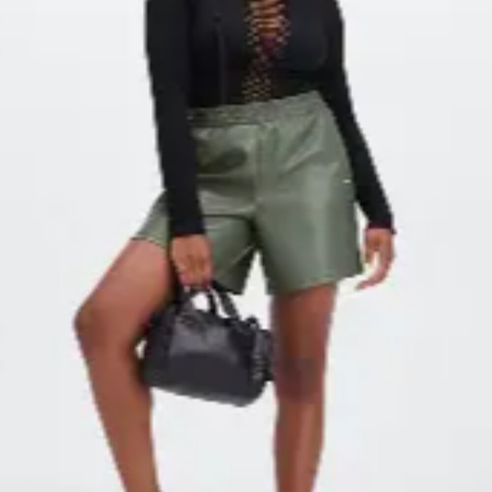 New with tag, Fabletics Vegan Leather Sage Smoke Green High Rise Shorts L Large